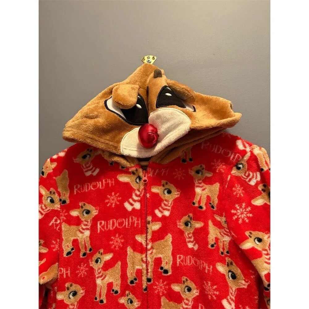 Rudolph Womens Hooded Zip One Piece Pajama Onesie Red Print Size 12-14 - Picture 2 of 11